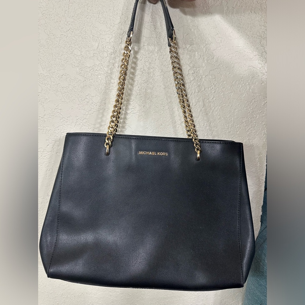 Michael Kors black leather tote bag large gold chain hardware strap